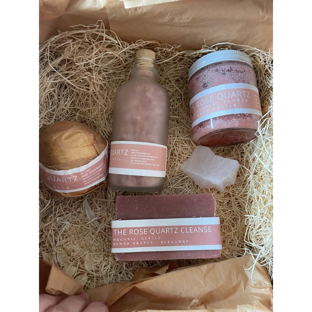 Rose Quartz Spa Gift Set Bath Bomb Soak Body Polish Soap and Crystal